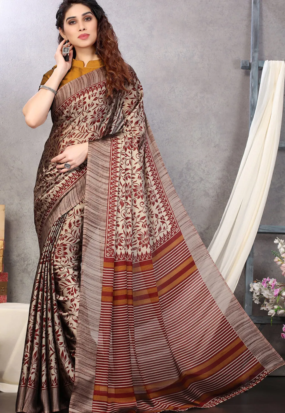 Digital Printed Chiffon Saree in Beige and Maroon