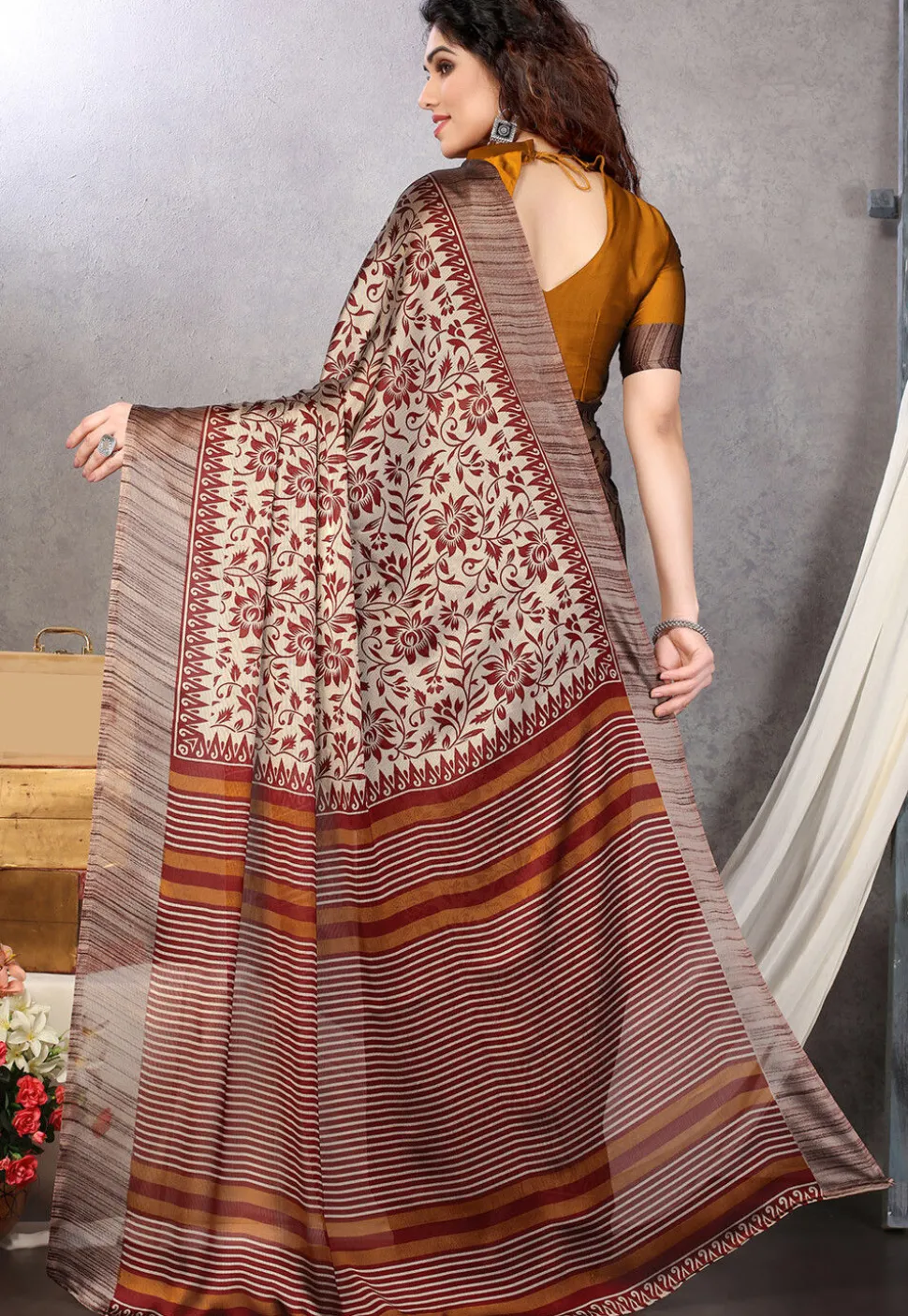 Digital Printed Chiffon Saree in Beige and Maroon
