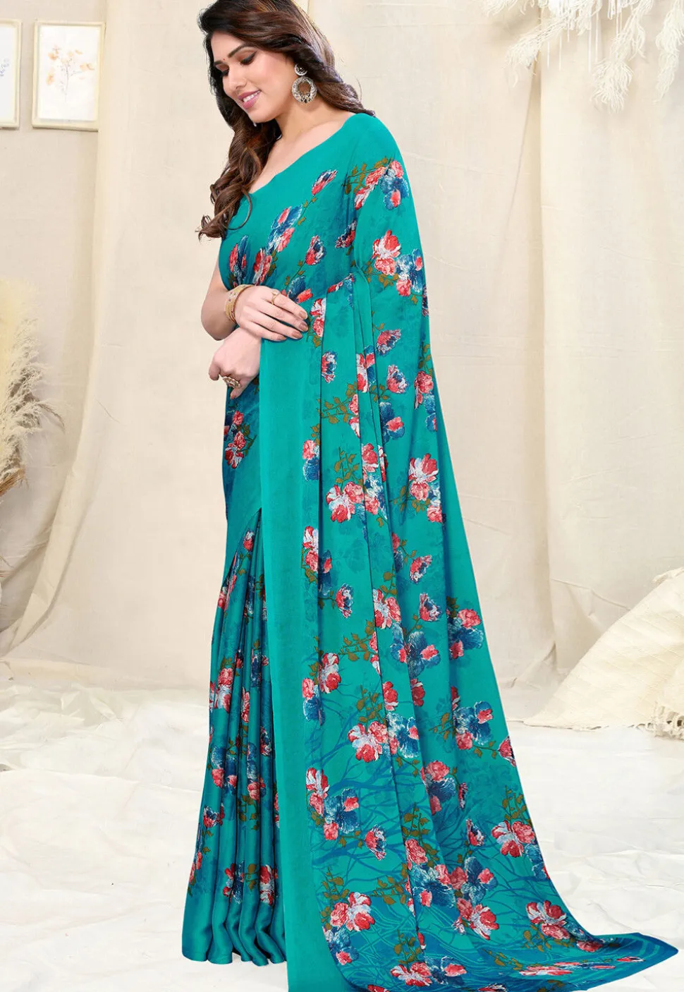 Digital Printed Chiffon Saree in Teal Blue