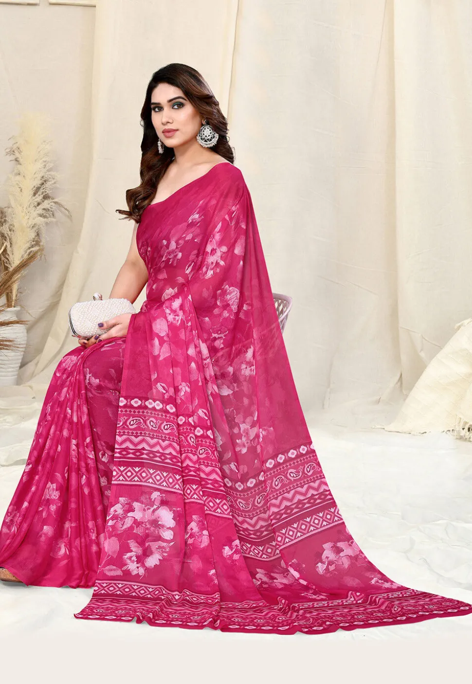 Digital Printed Chiffon Saree in Pink