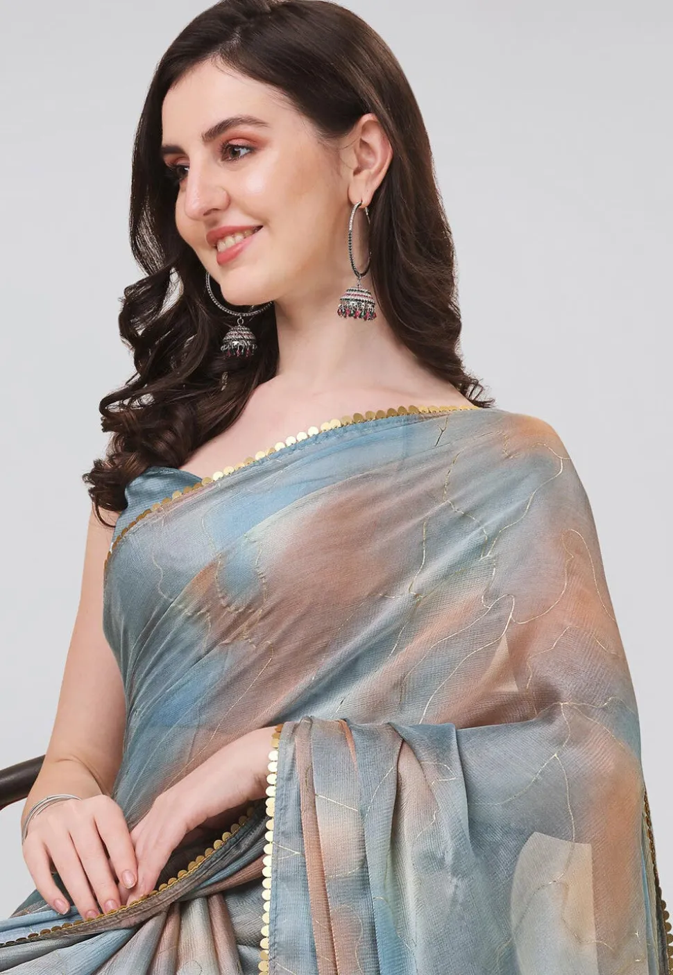 Digital Printed Chiffon Saree in Beige and Grey