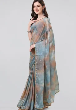Digital Printed Chiffon Saree in Beige and Grey