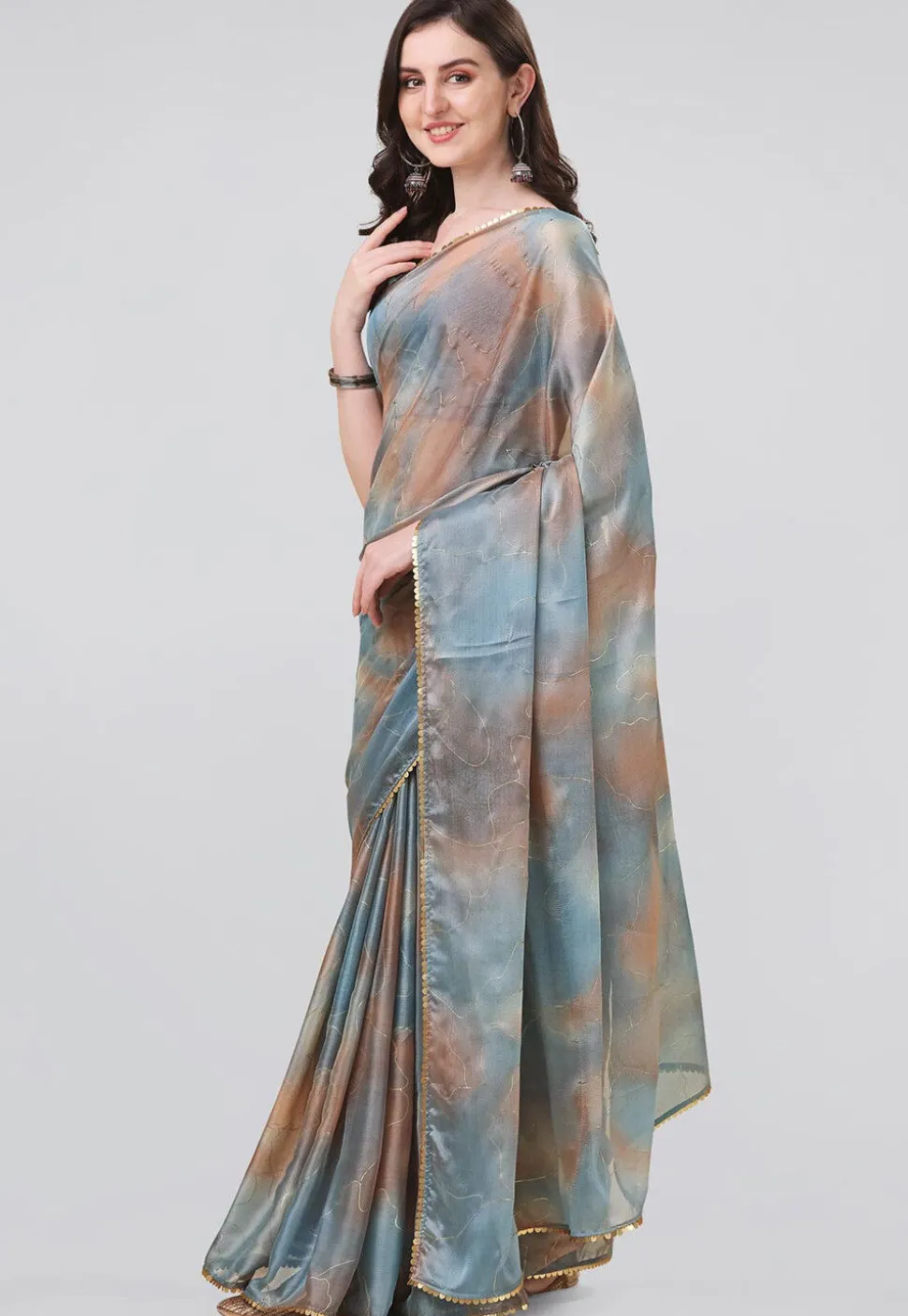Digital Printed Chiffon Saree in Beige and Grey