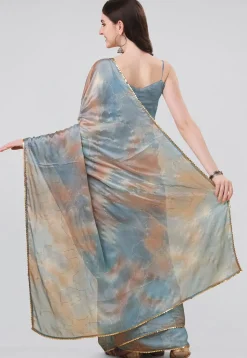 Digital Printed Chiffon Saree in Beige and Grey