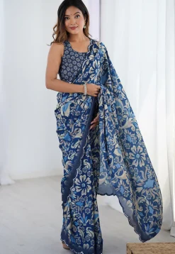 Digital Printed Chinon Chiffon Scalloped Saree in Blue