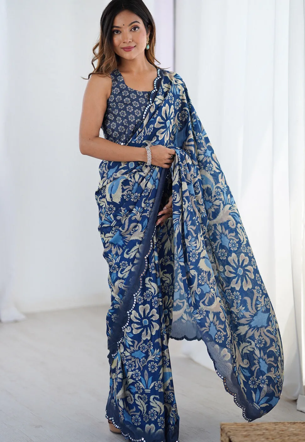 Digital Printed Chinon Chiffon Scalloped Saree in Blue