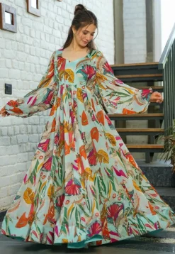 Digital Printed Chinon Chiffon Gown in Sea Green