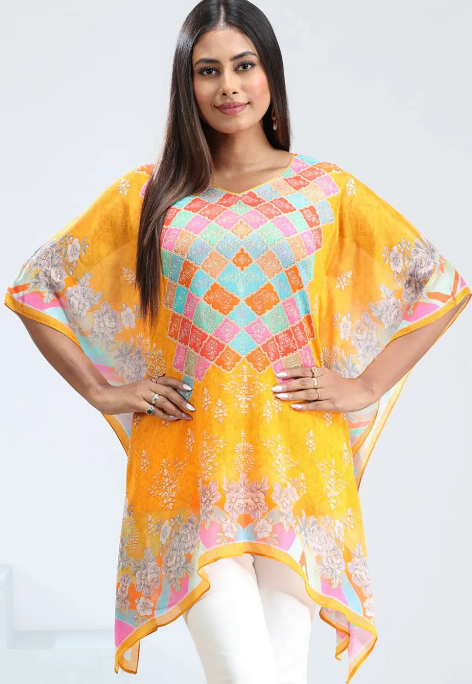 Digital Printed Chinon Chiffon Kaftan in Yellow