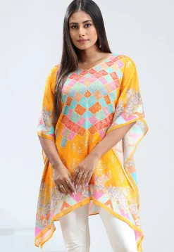 Digital Printed Chinon Chiffon Kaftan in Yellow