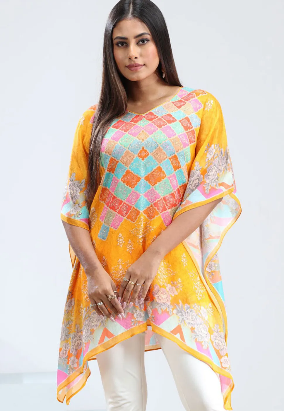 Digital Printed Chinon Chiffon Kaftan in Yellow