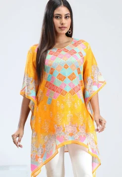 Digital Printed Chinon Chiffon Kaftan in Yellow