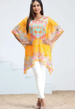 Digital Printed Chinon Chiffon Kaftan in Yellow