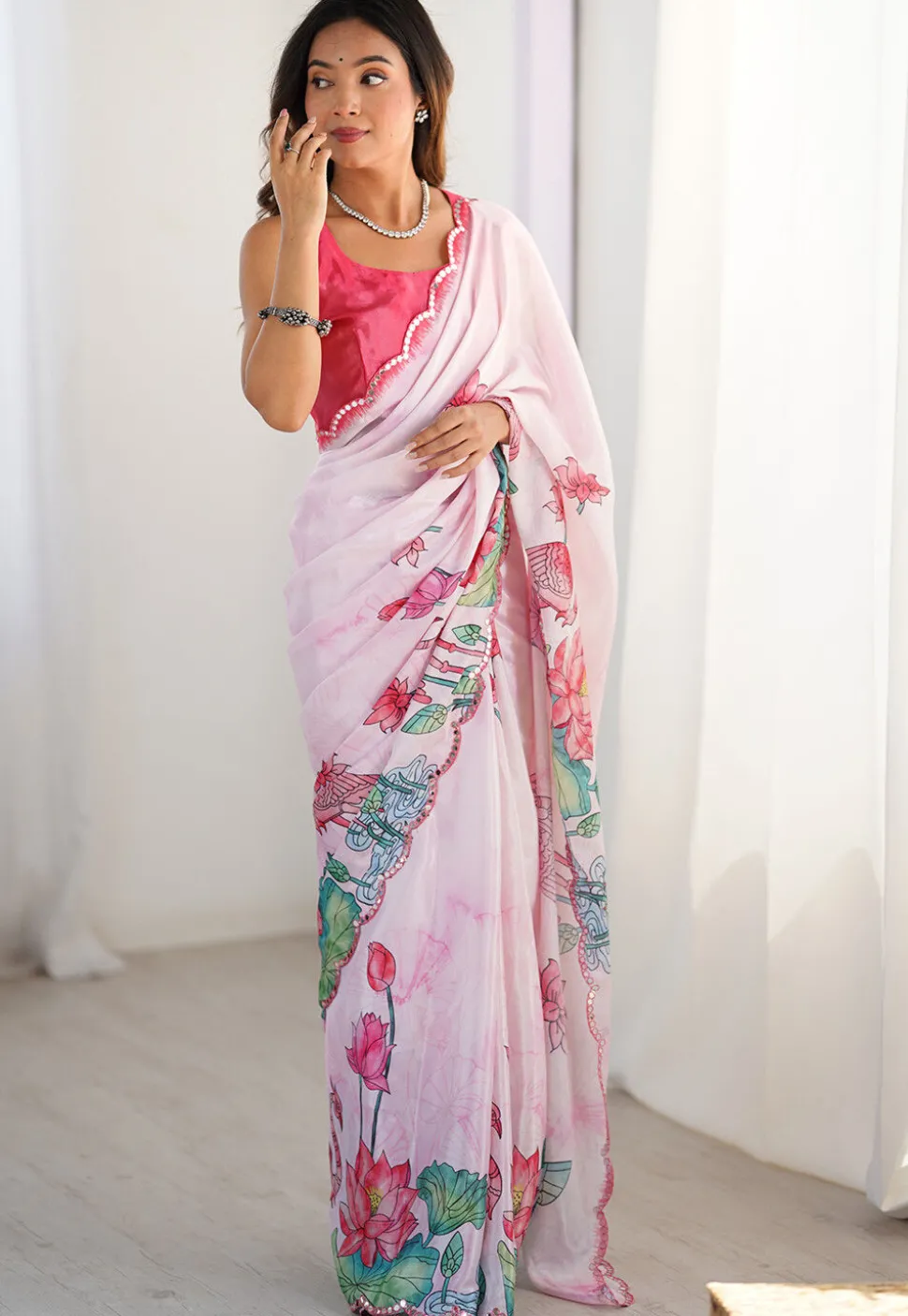 Digital Printed Chinon Chiffon Scalloped Saree in Pink