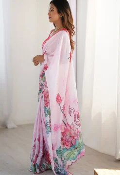 Digital Printed Chinon Chiffon Scalloped Saree in Pink