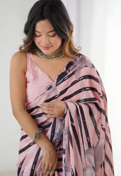 Digital Printed Chinon Chiffon Scalloped Saree in Peach