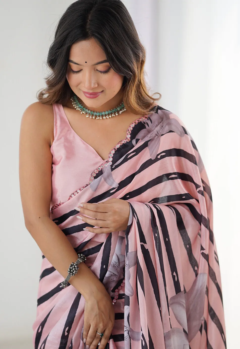 Digital Printed Chinon Chiffon Scalloped Saree in Peach
