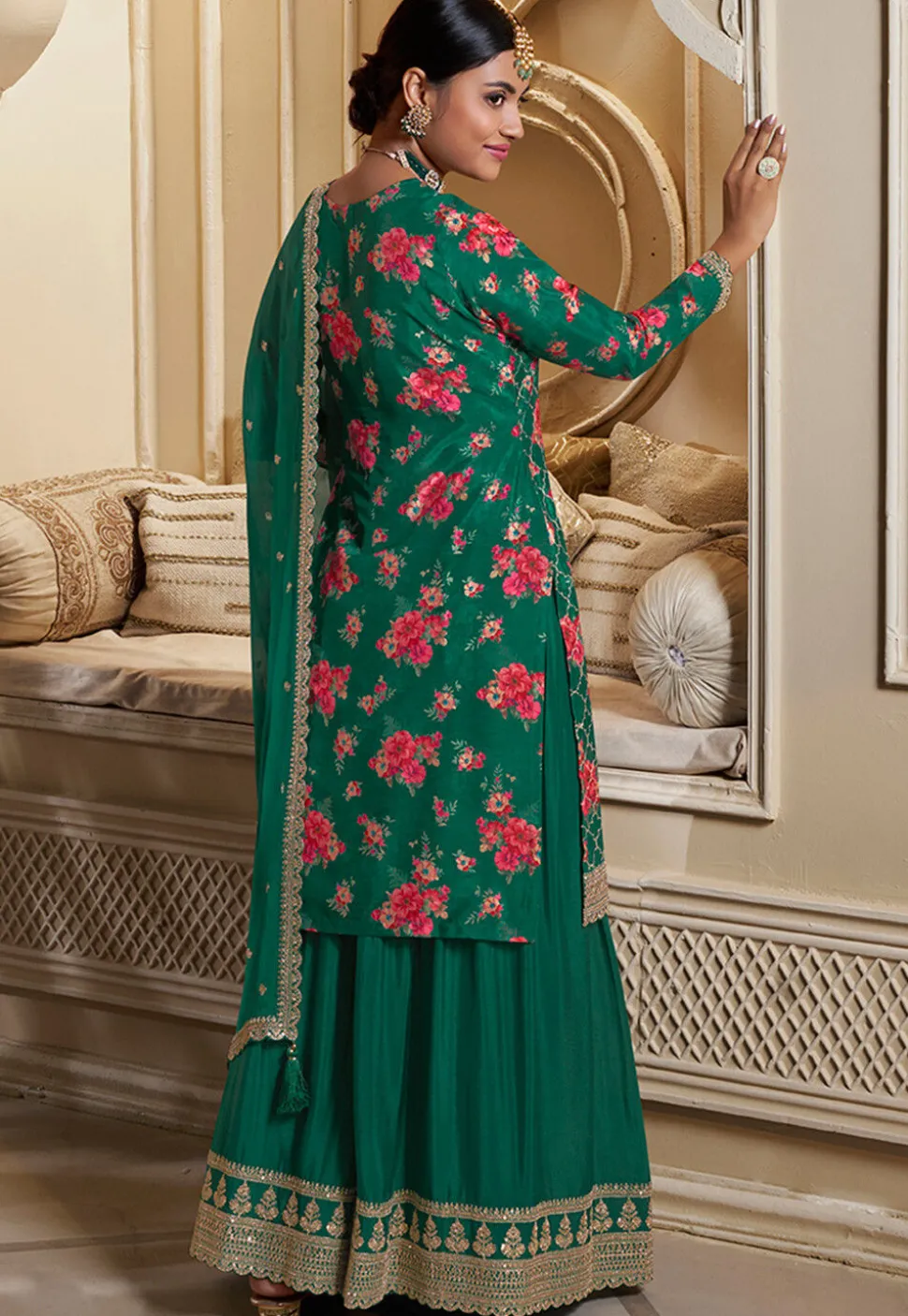 Digital Printed Chinon Chiffon Pakistani Suit in Teal Green