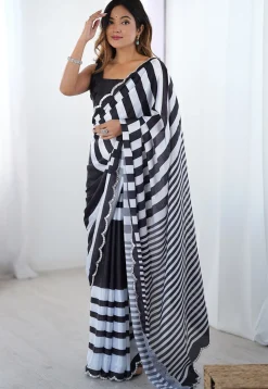 Digital Printed Chinon Chiffon Scalloped Saree in Black and White