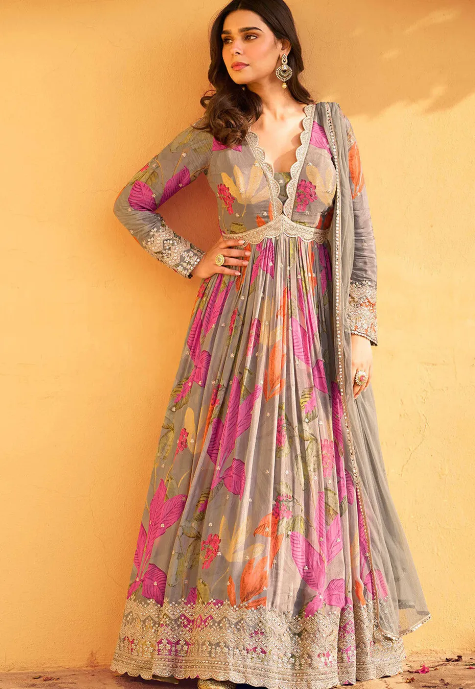 Digital Printed Chinon Chiffon Abaya Style Suit in Grey