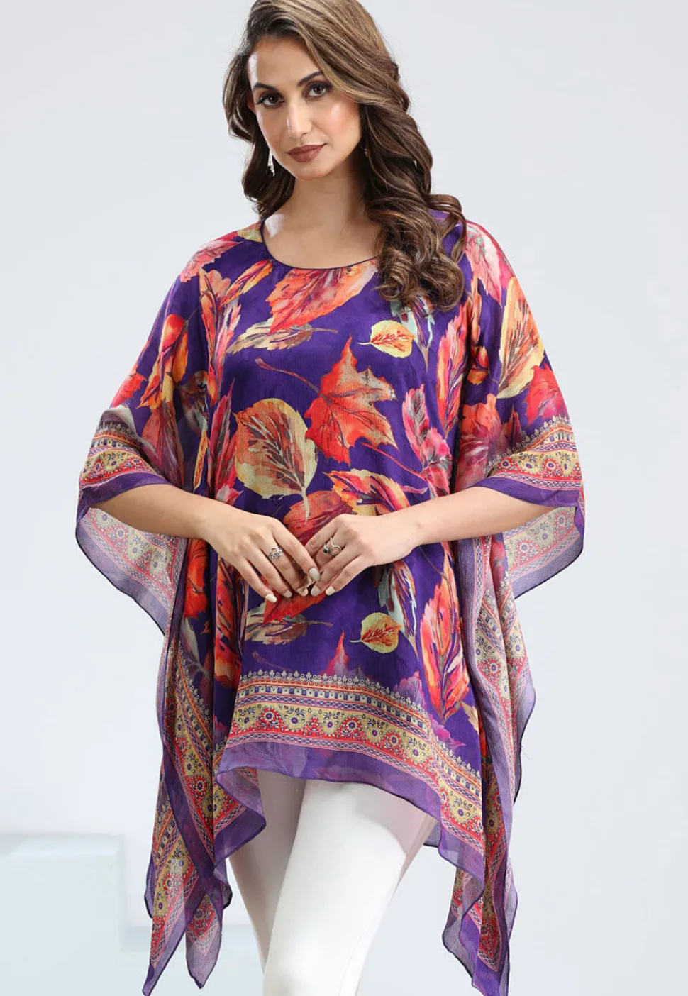 Digital Printed Chinon Chiffon Kaftan in Purple