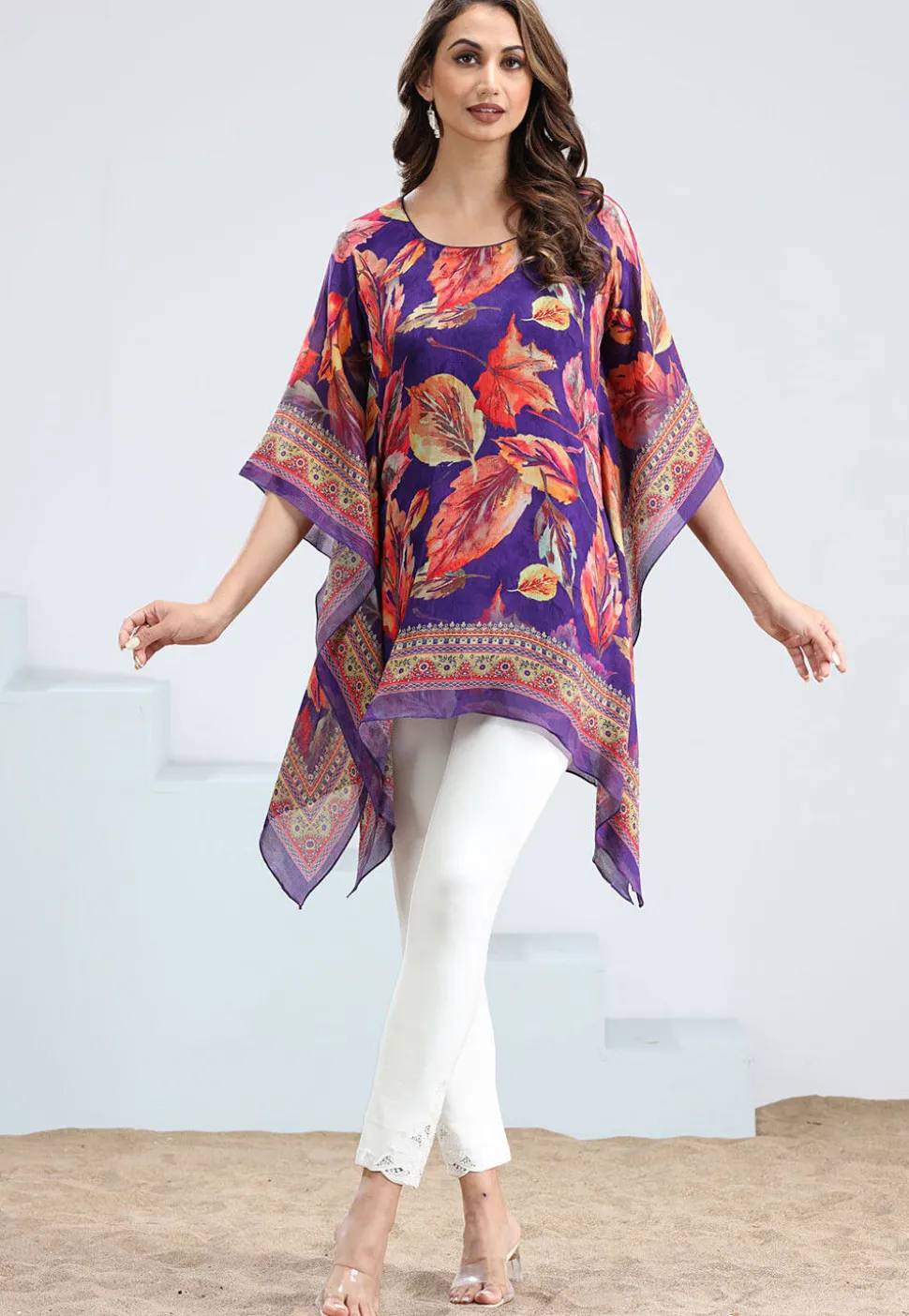 Digital Printed Chinon Chiffon Kaftan in Purple