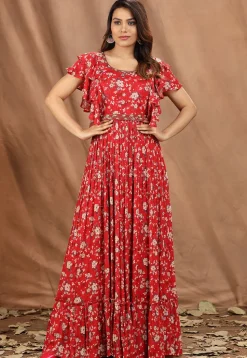 Digital Printed Chinon Chiffon Tiered Gown in Red