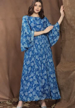 Digital Printed Chinon Chiffon Long Flared Dress in Blue