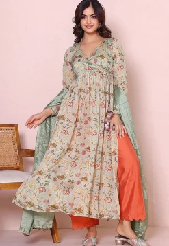 Digital Printed Chinon Chiffon A Line Suit in Green