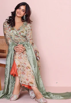 Digital Printed Chinon Chiffon A Line Suit in Green