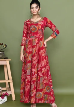 Digital Printed Chinon Chiffon Gown in Fuchsia