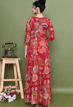 Digital Printed Chinon Chiffon Gown in Fuchsia