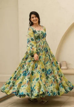 Digital Printed Chinon Chiffon Gown in Sea Green