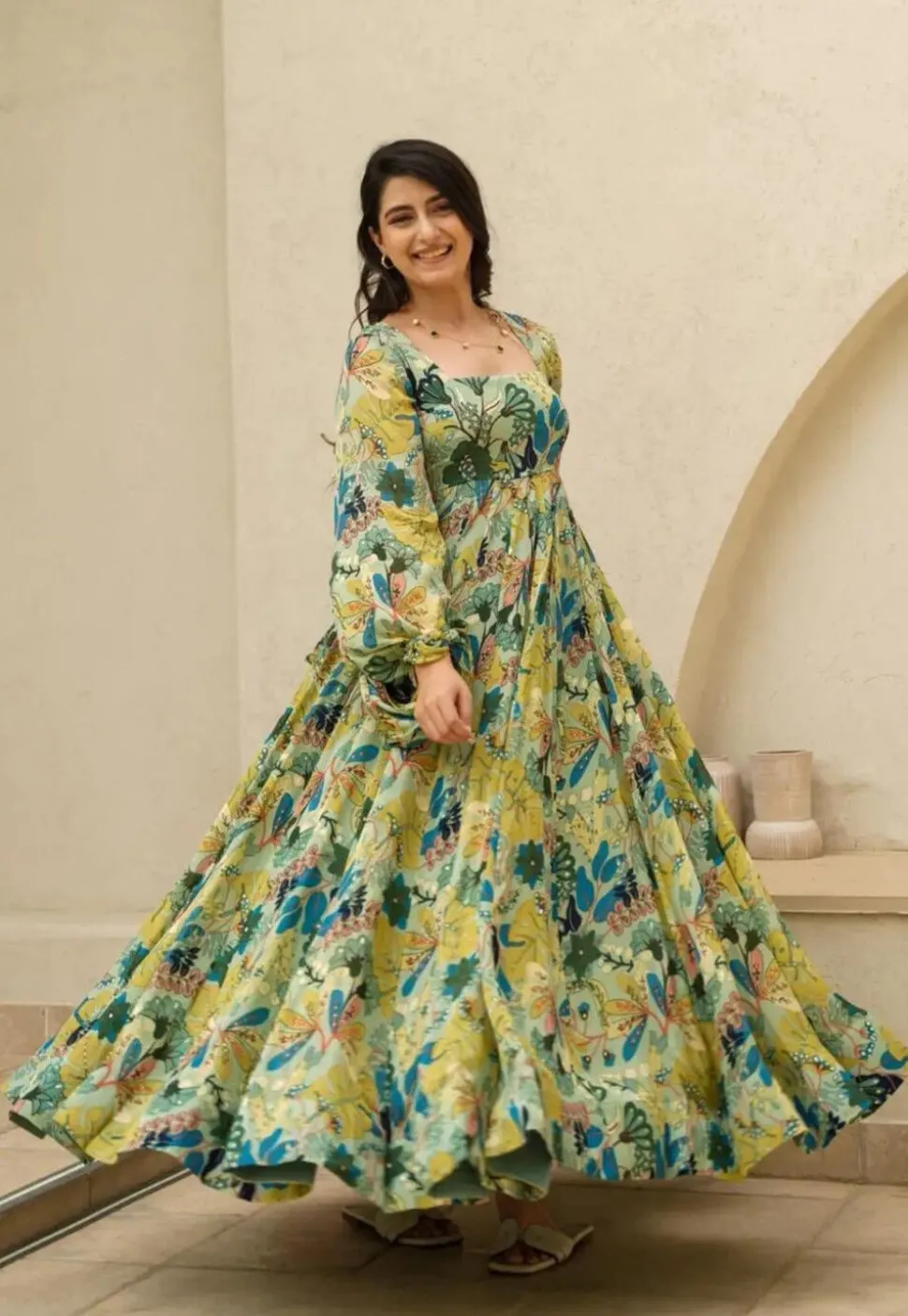 Digital Printed Chinon Chiffon Gown in Sea Green
