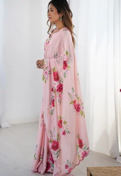 Digital Printed Chinon Chiffon Scalloped Saree in Pink