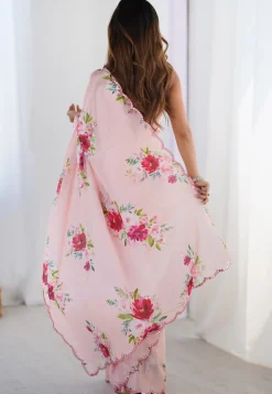 Digital Printed Chinon Chiffon Scalloped Saree in Pink
