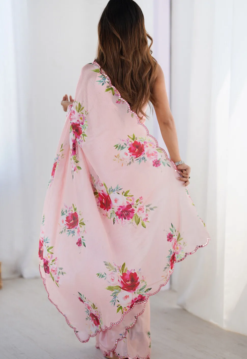 Digital Printed Chinon Chiffon Scalloped Saree in Pink