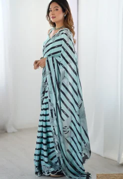 Digital Printed Chinon Chiffon Scalloped Saree in Sea Green