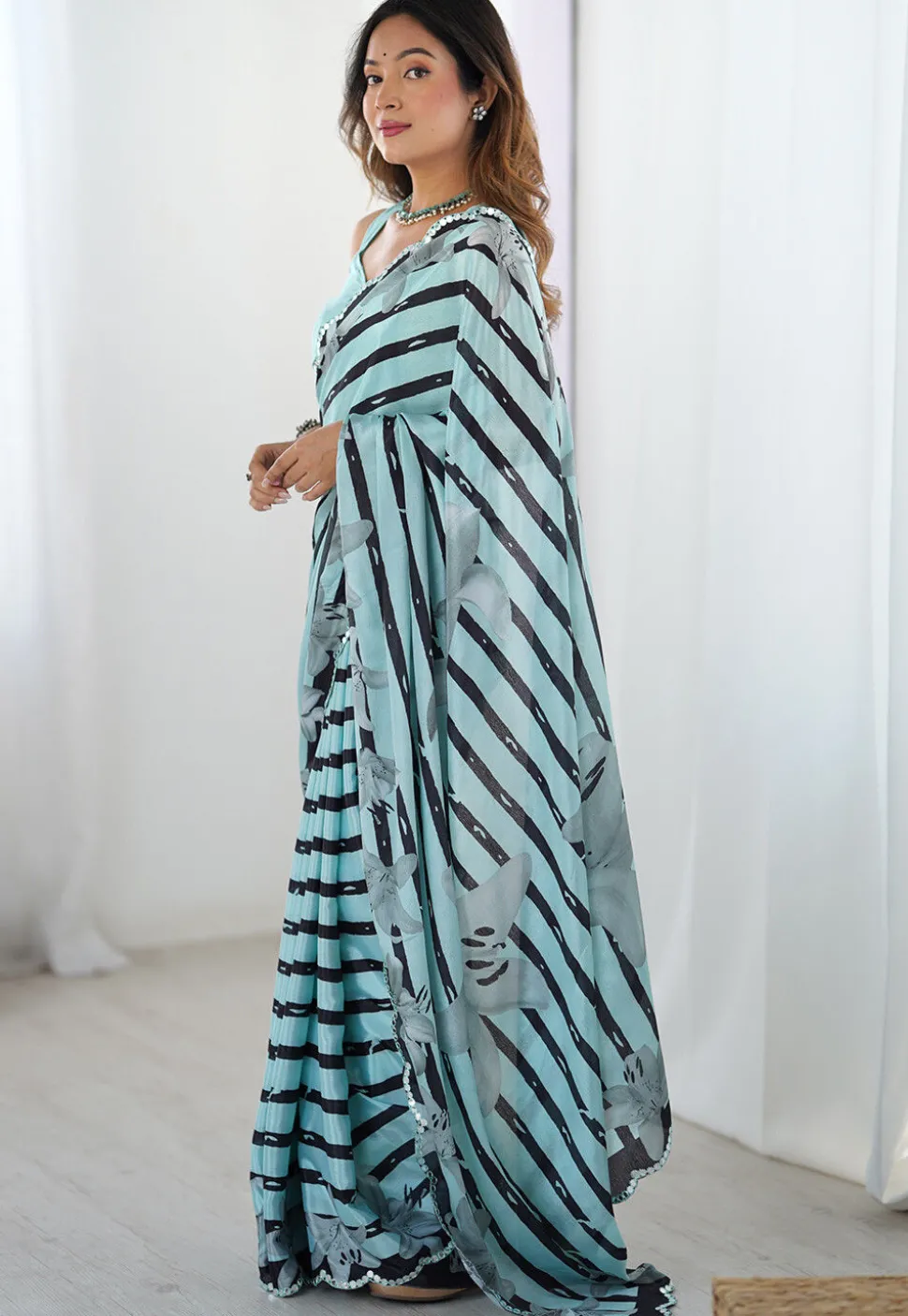 Digital Printed Chinon Chiffon Scalloped Saree in Sea Green