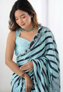Digital Printed Chinon Chiffon Scalloped Saree in Sea Green
