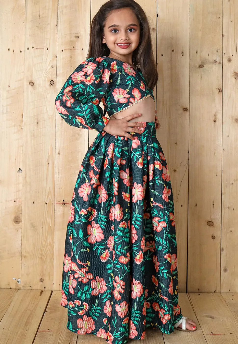 Digital Printed Chinon Chiffon Crop Top Set in Dark Green