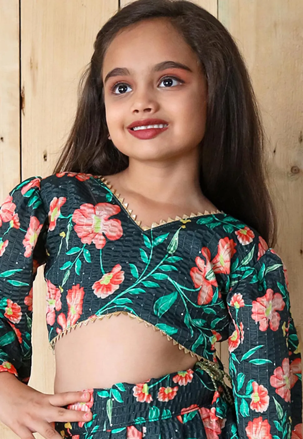 Digital Printed Chinon Chiffon Crop Top Set in Dark Green