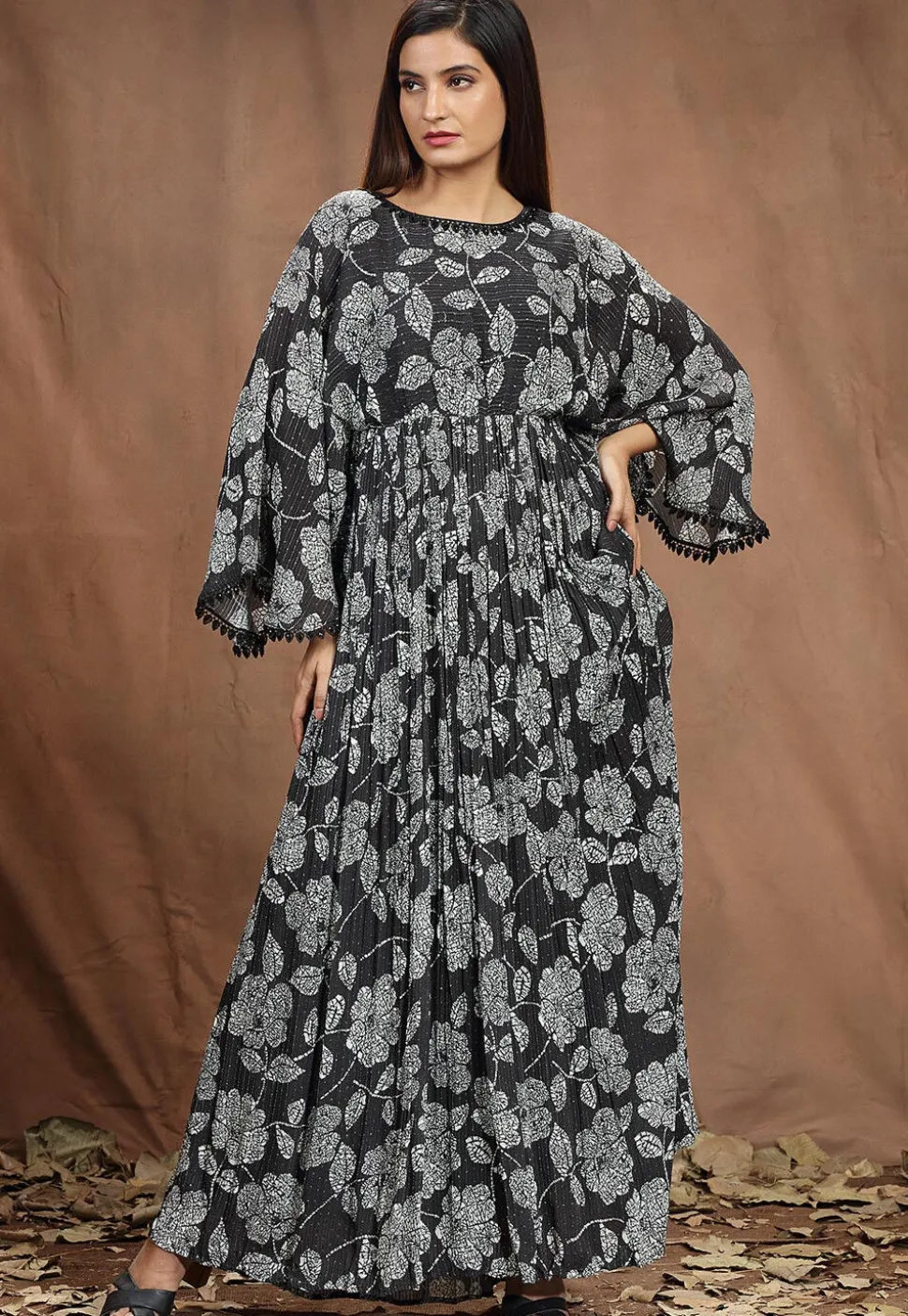 Digital Printed Chinon Chiffon Long Flared Dress in Black