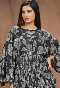 Digital Printed Chinon Chiffon Long Flared Dress in Black