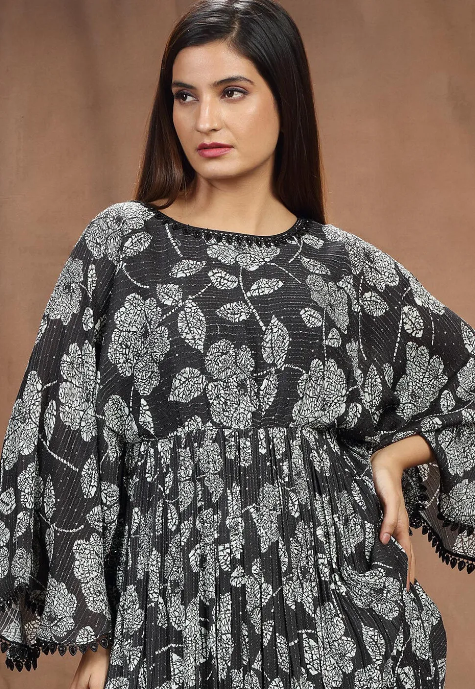Digital Printed Chinon Chiffon Long Flared Dress in Black