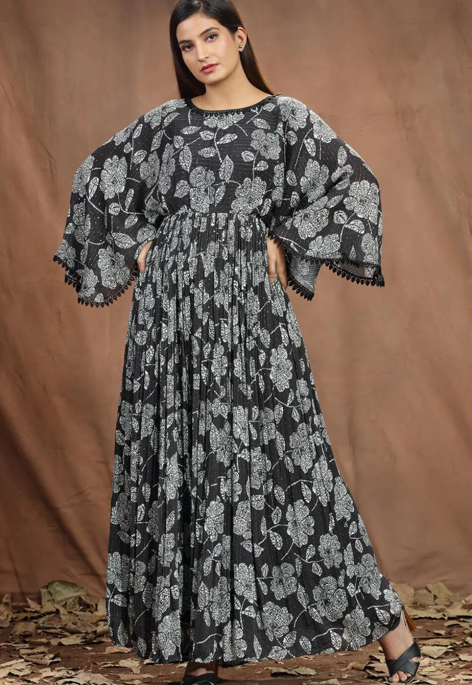Digital Printed Chinon Chiffon Long Flared Dress in Black