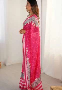 Digital Printed Chinon Chiffon Scalloped Saree in Pink