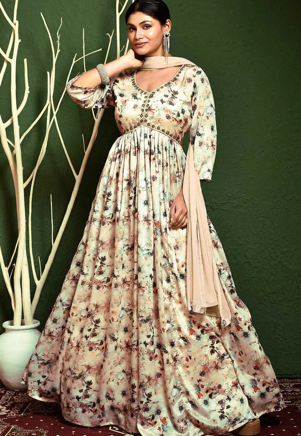 Digital Printed Chinon Chiffon Abaya Style Suit in Beige