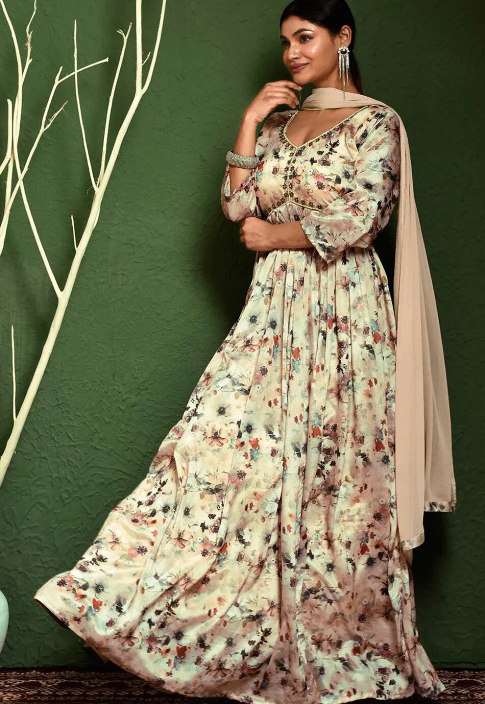 Digital Printed Chinon Chiffon Abaya Style Suit in Beige