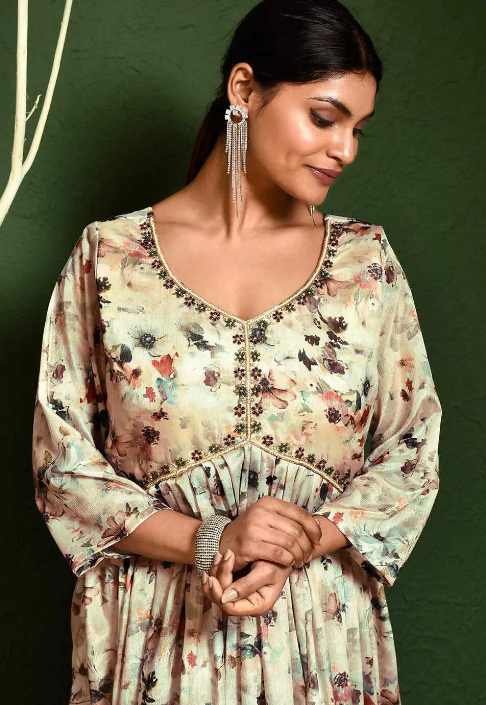 Digital Printed Chinon Chiffon Abaya Style Suit in Beige