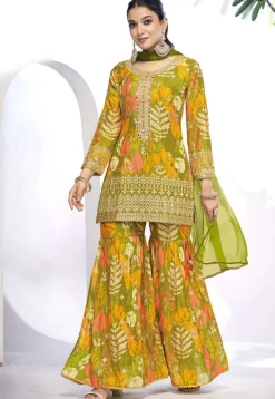 Digital Printed Chinon Chiffon Pakistani Suit in Olive Green